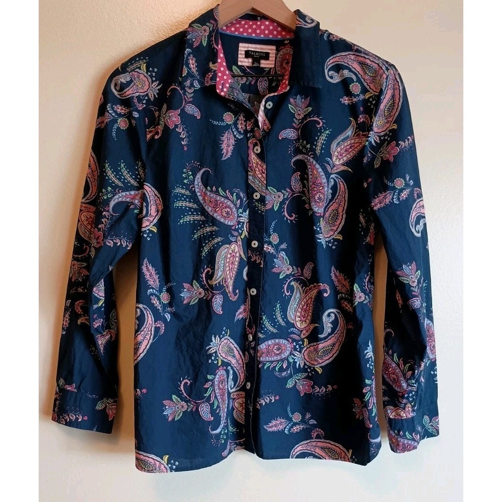 Talbots Petite LP Paisley Button Down Shirt Navy Pink Cotton Preppy Boho Floral